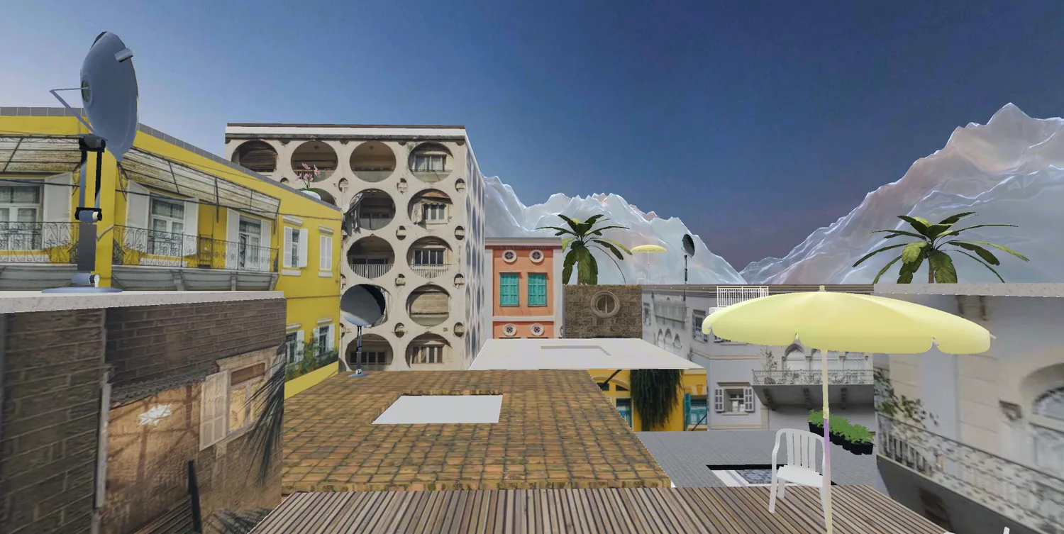 Virtual gallery interior with Lebanese cultural artworks